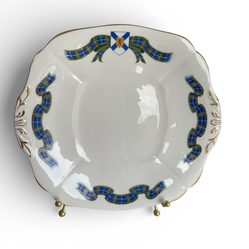 Adderley bone china sandwich plate, Nova Scotia Tartan pattern, gold trim